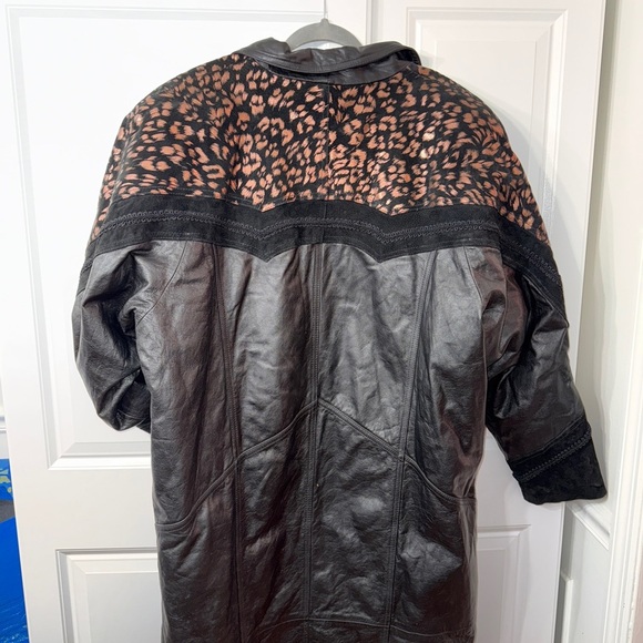 Vintage 80s Middlebrook Park Black Leather Cheetah Leopard Trench Jacket XL - Picture 5 of 9